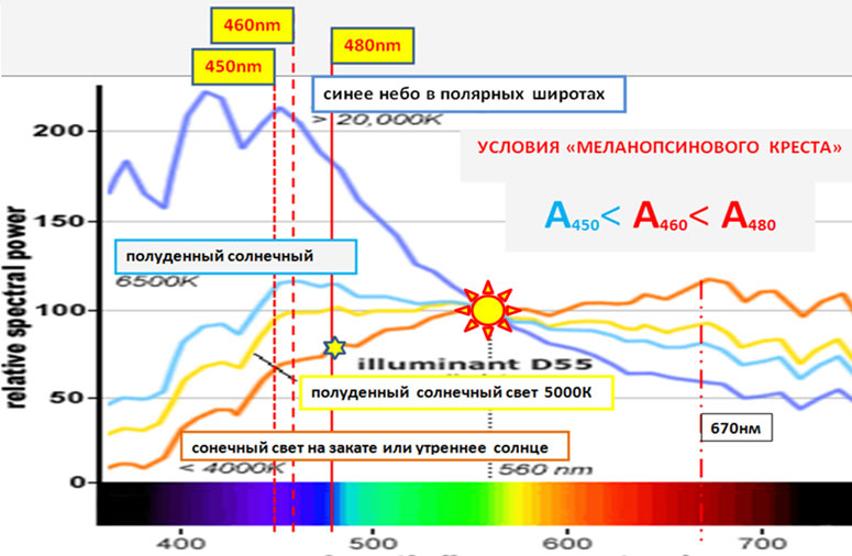 Рис.2. Спектр солнечного света в зависимости от времени суток.